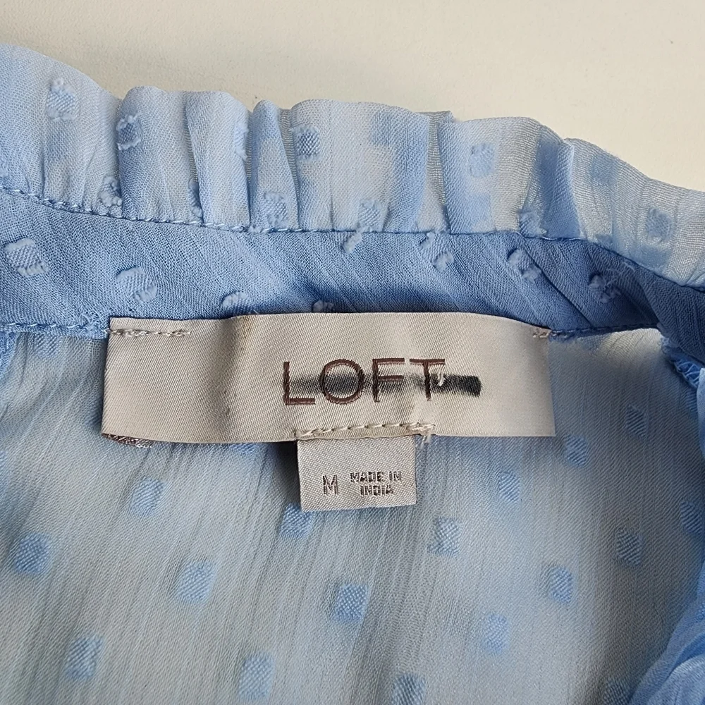 Loft Swiss Dot Ruffle Neck Balloon Sleeve Blouse Light Blue Sheer Boho Keyhole M - Picture 11 of 12